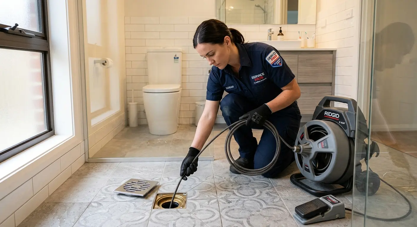 Technician clearing a bathroom floor drain for Hydro Jetting in Etowah